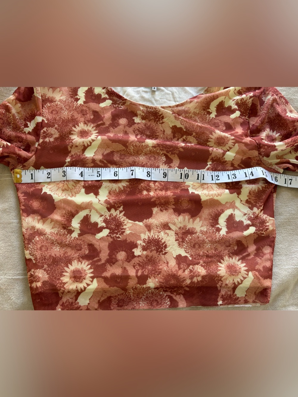 Ganni retro floral mesh crop top shirt orange brown rust stretch boho sz 34 US 2 - Picture 10 of 13